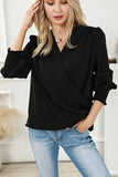 Solid Surplice Neck Shirred Cuffs Draped Blouse