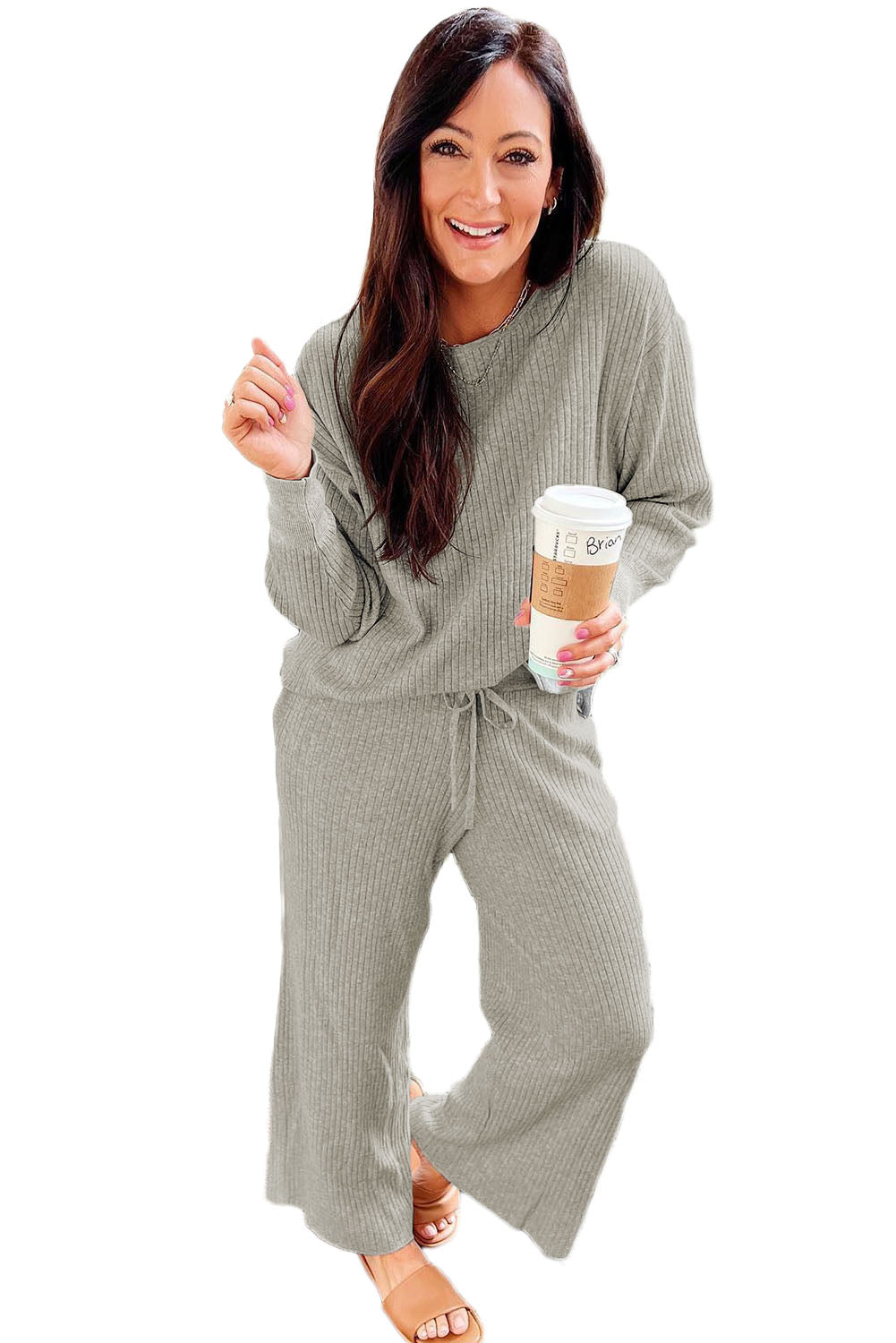 Ribbed Drop Shoulder Pullover and Pants Lounge Set