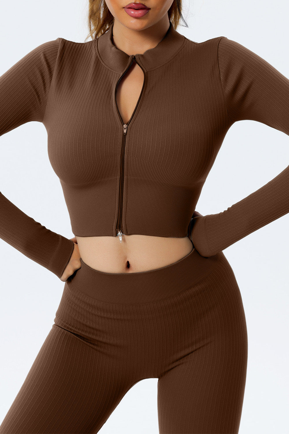 Full Zipper Ribbed Seamless Long Sleeve Yoga Top