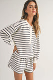 Black white Stripes Printed Half Button Long Sleeve Top and Shorts Set