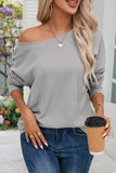 Gray V Cut Drawstring Back Waffle Knit Long Sleeve Top