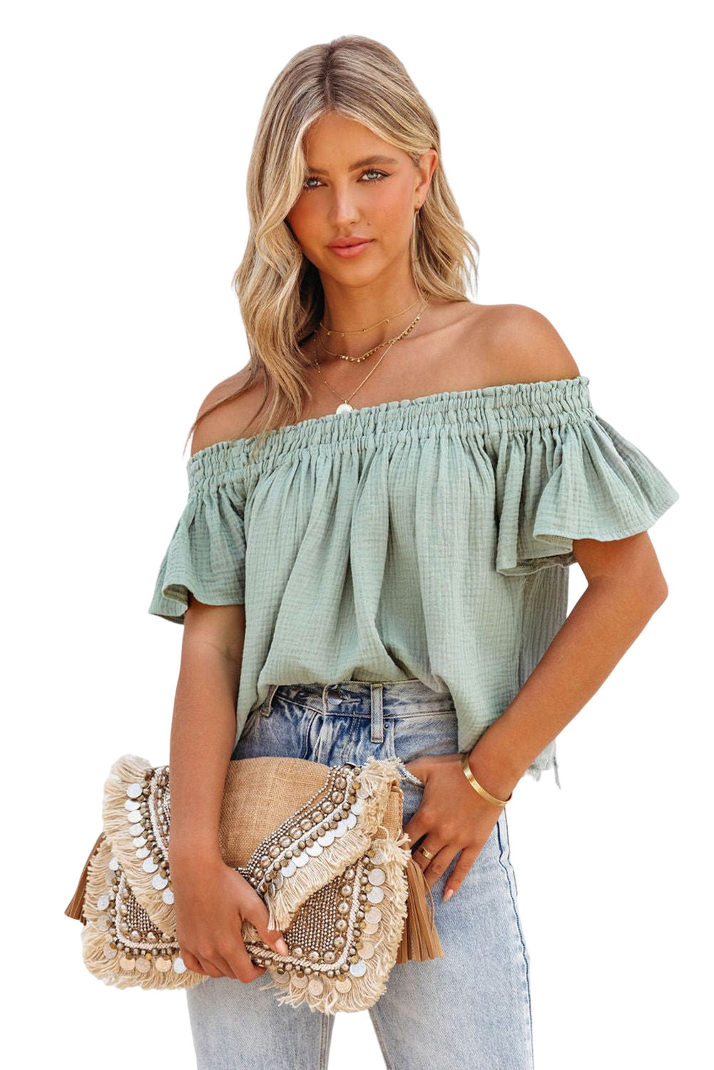 Off Shoulder Textured Ruched Ruffle Blouse