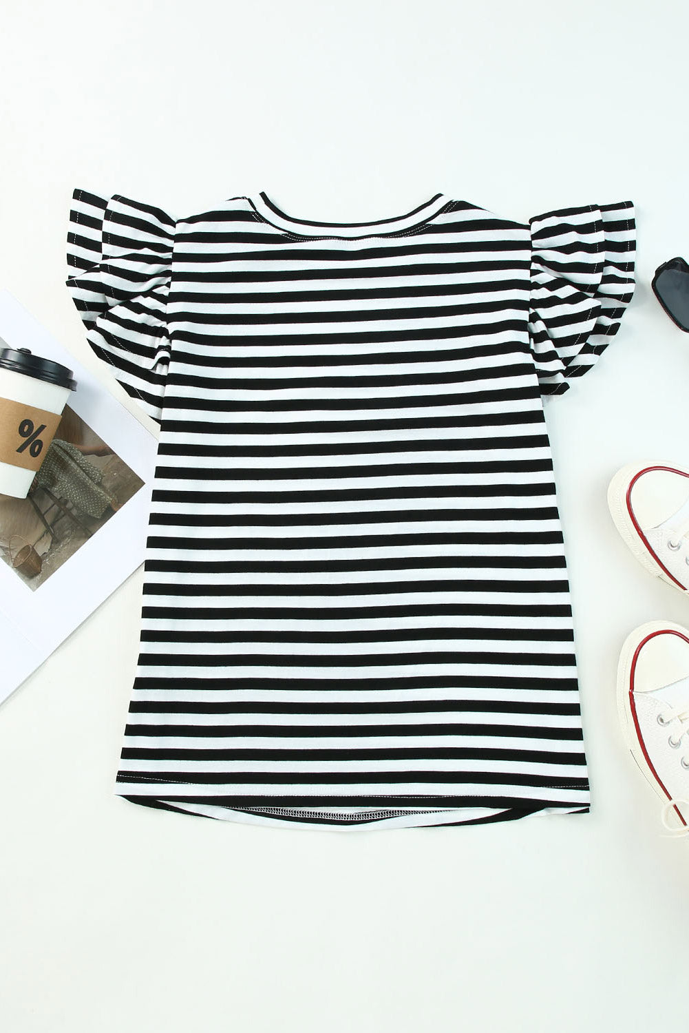 Stripe Print Tiered Ruffled Sleeve Tee