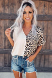 Leopard Color Block Roll Tab Sleeve V Neck Top