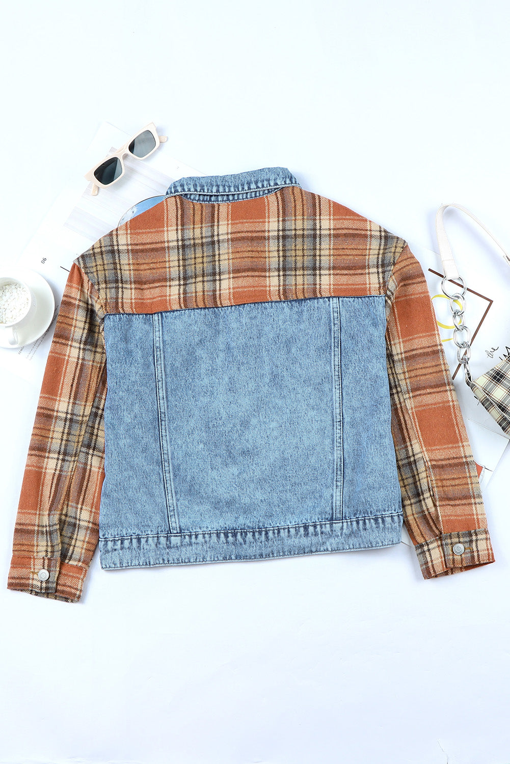 Medium Wash Plaid Sleeves Denim Jacket