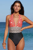 Retro Floral Stripes Deep V Neck One-piece Swimwear