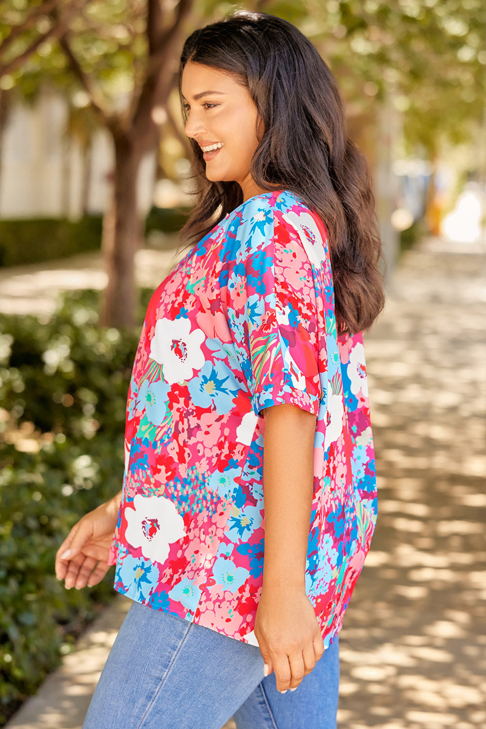 V Neck Dolman Sleeve Plus Size Floral Blouse