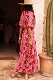 Red Paisley Print Side Slit Puff Sleeve High Waist Maxi Dress