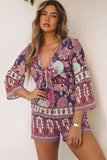 Vintage Printed 3/4 Sleeves V Neck Romper