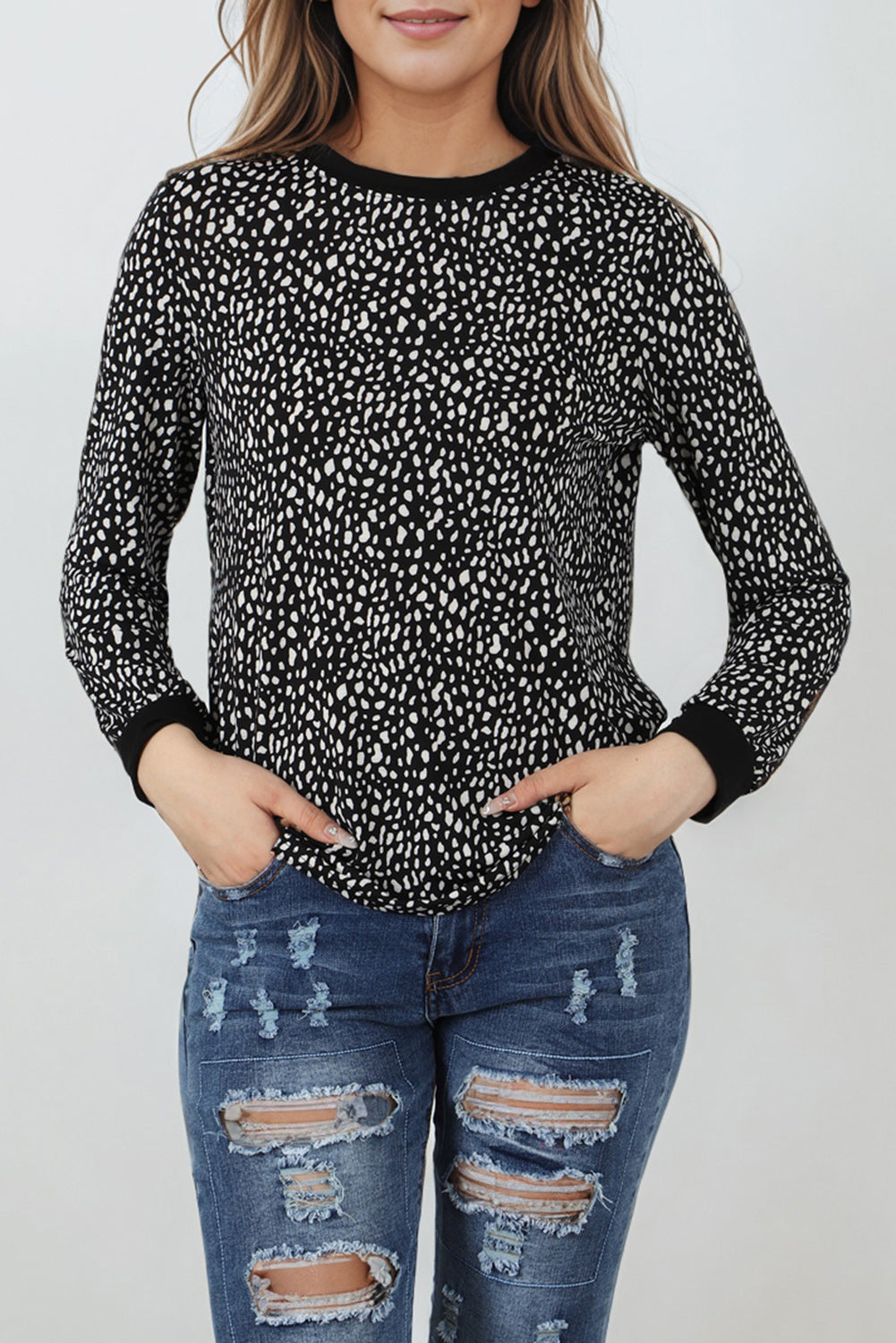 Animal Spotted Print Round Neck Long Sleeve Top