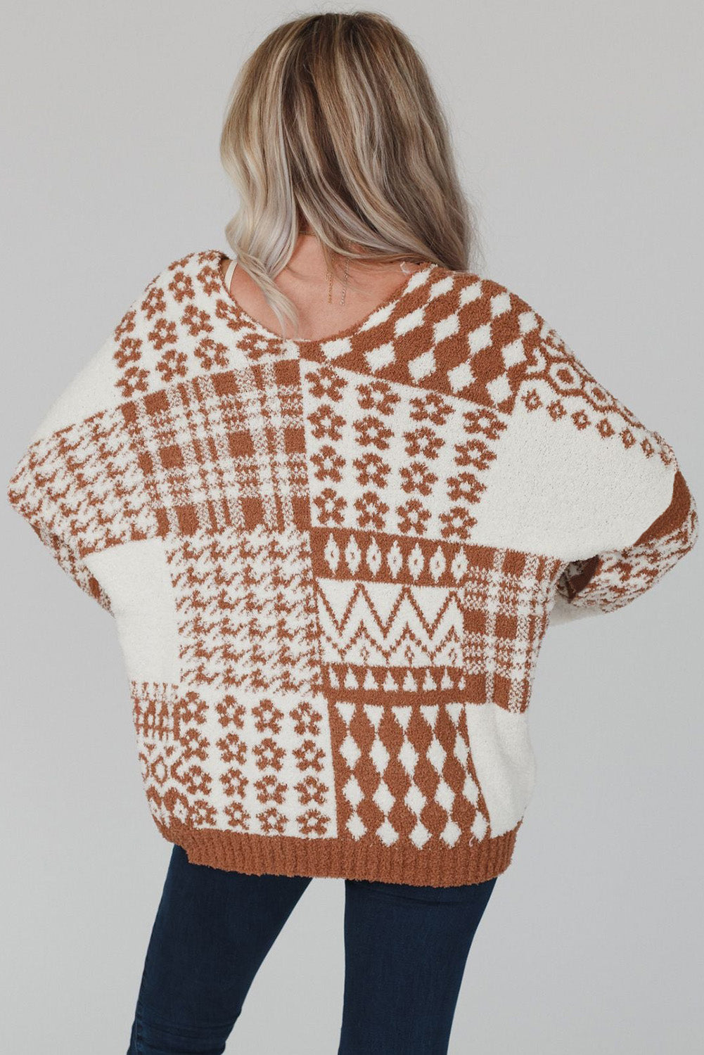 Mixed Pattern V-Neck Oversized Sweater