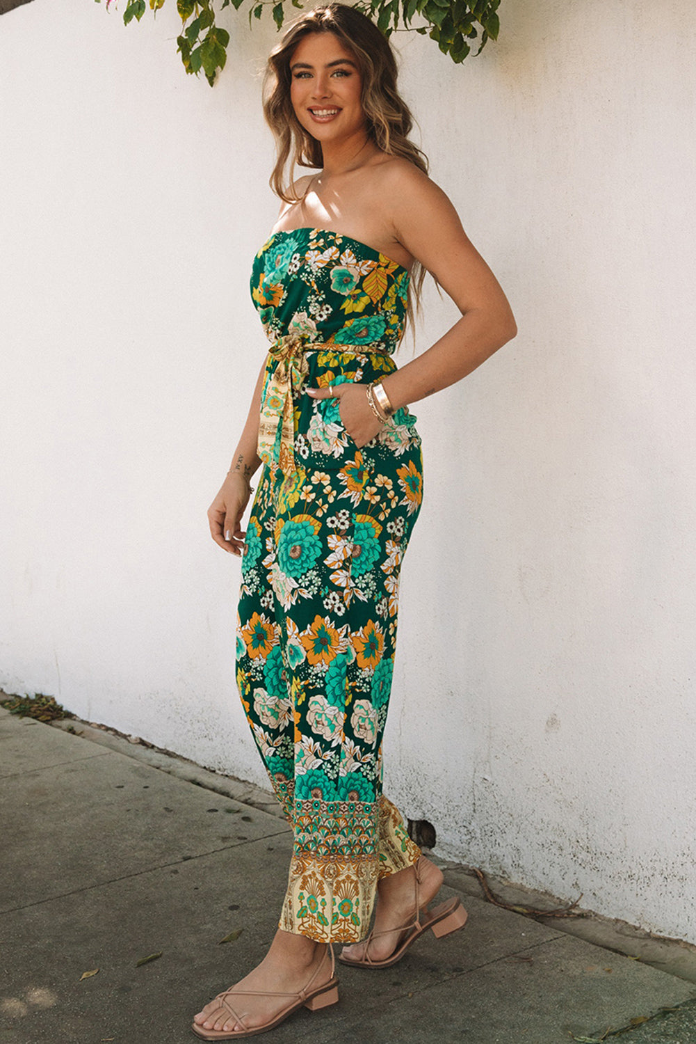 Boho Floral Belted Strapless Jumpsuit