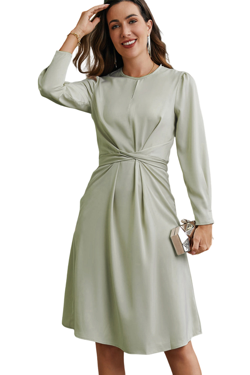 Twist Front Tie Back Long Sleeve Satin Dress