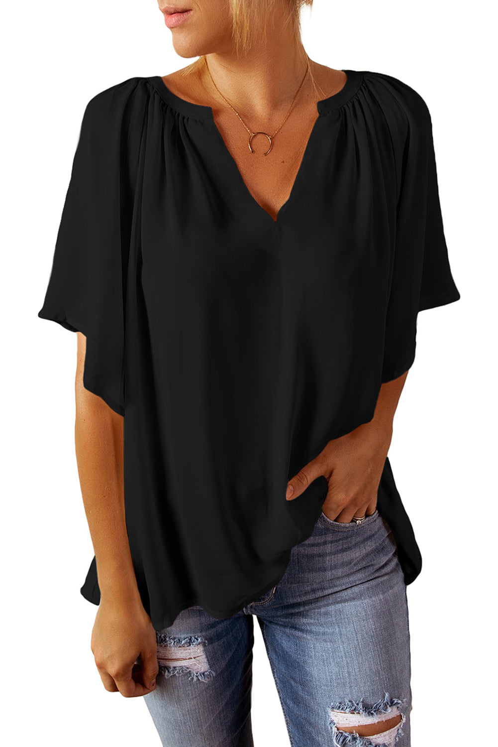 Split Neck Pleated Loose Top