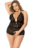 Lingerie Teddy à Bretelles en Dentelle Festonnée de Grande Taille Noir