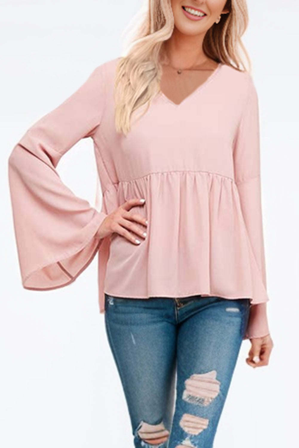 Pink V-Neck Bell Sleeve Back-Tie Ruffled Blouse