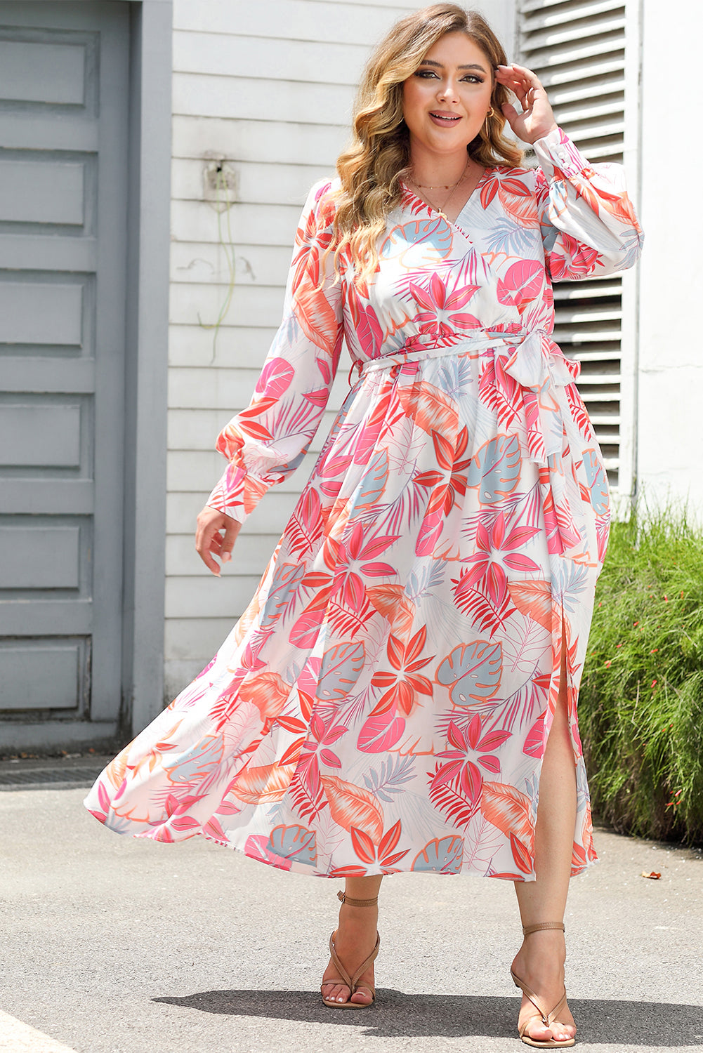 Tropical Plant Print Long Sleeve Wrap V-Neck Slit Maxi Dress