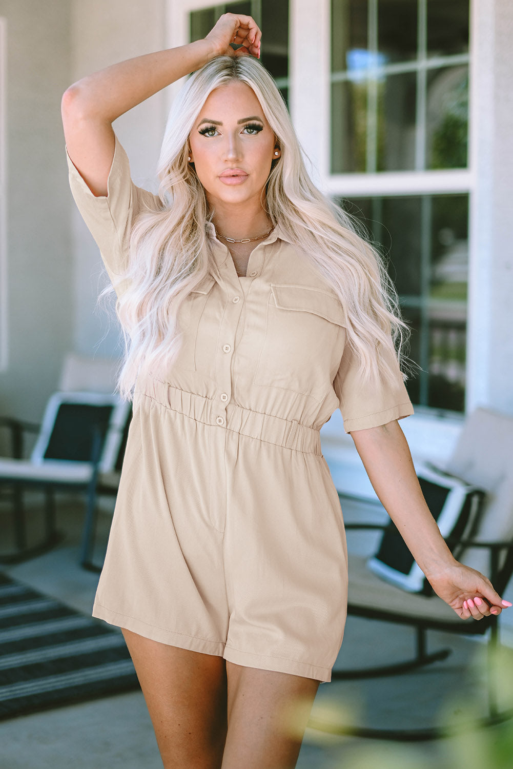 Flap Pockets Elastic Waist Romper