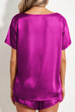 Bright Pink Satin V Neck Tee and Drawstring Shorts Set