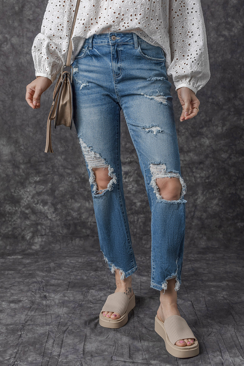 Sky Blue Ripped Knee Hole High Waist Jeans