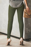 Green Plain High Waist Buttons Frayed Cropped Denim Jeans