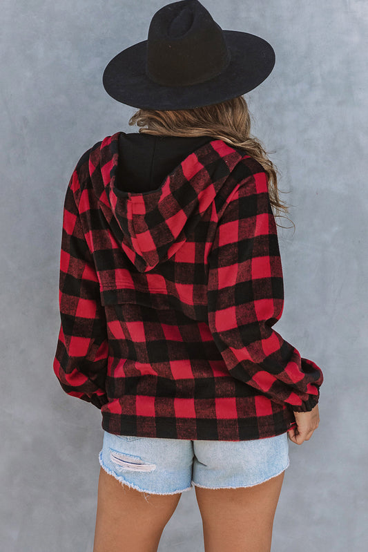 Buffalo Plaid Zipped Front Pocketed Hoodie