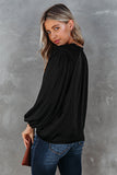 Pleated Balloon Sleeve Drawstring V-Neck Blouse