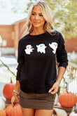 Black Halloween Ghosts Print Round Neck Sweatshirt