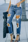 Cut Out Straight Leg Distressed Boyfriend Jeans