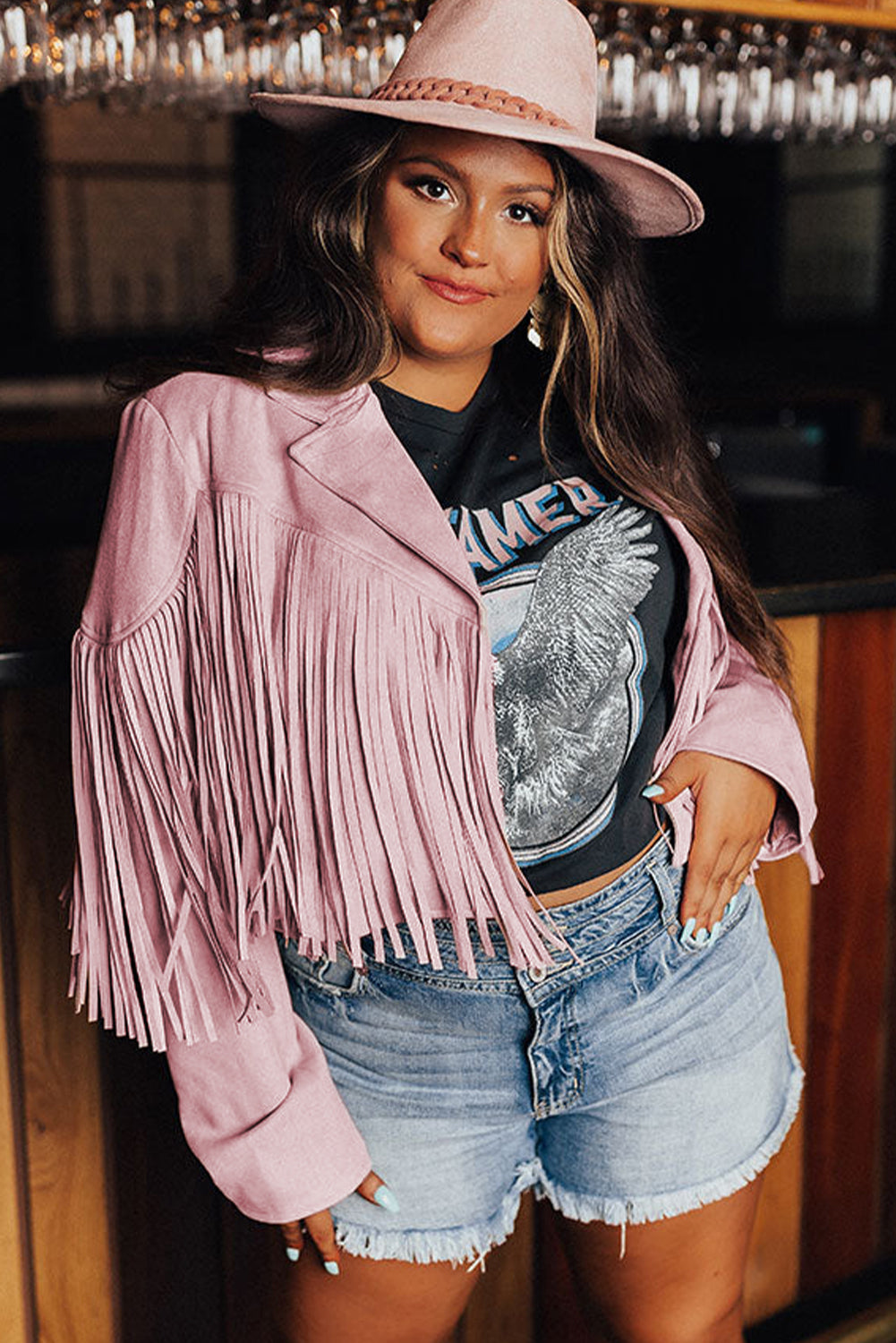 Pink Fringe Plus Size Cropped Jacket