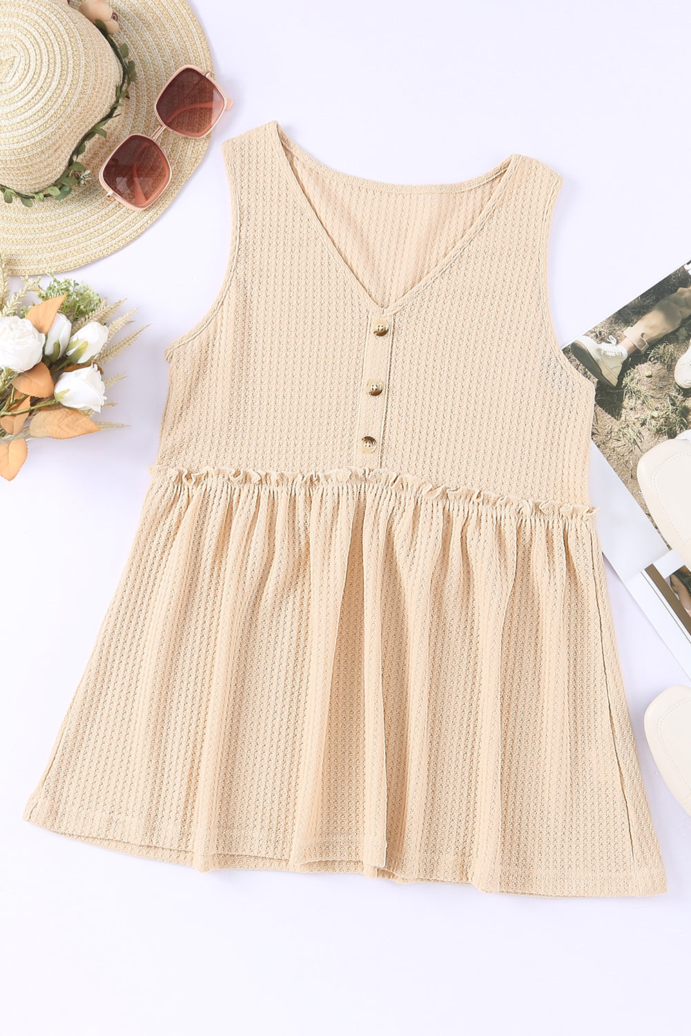 Waffle Knit Button Ruffled Casual Tank