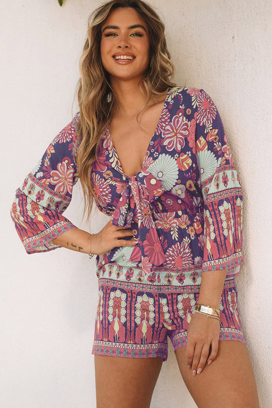 Vintage Printed 3/4 Sleeves V Neck Romper