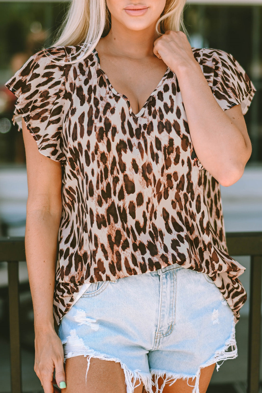 Flutter Sleeves Leopard/Abstract Print V Neck Top