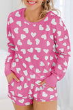 Black Valentine Heart Shape Print Long Sleeve Top Shorts Lounge Set