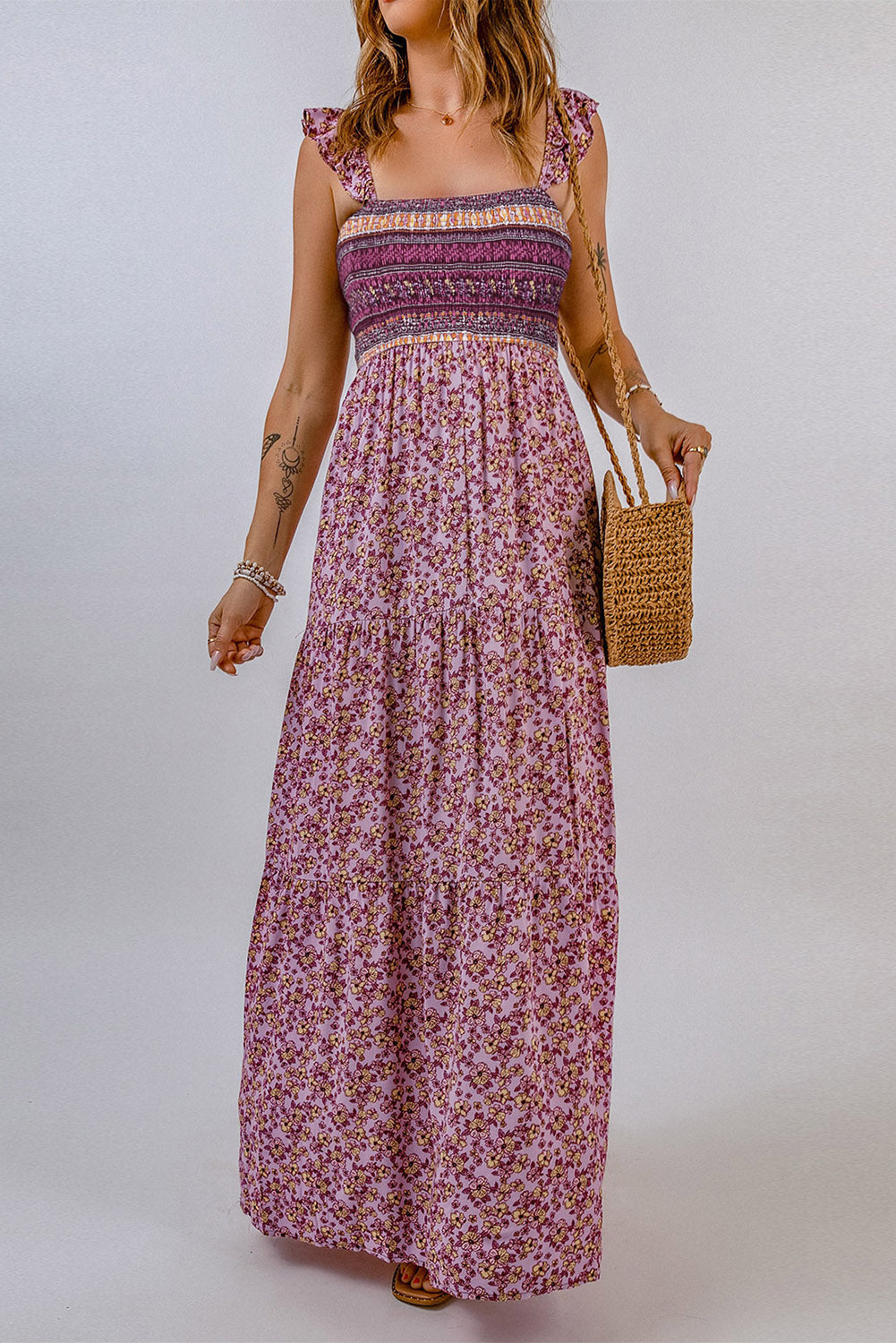 Shirred Ruffled Sleeveless Floral Maxi Dress