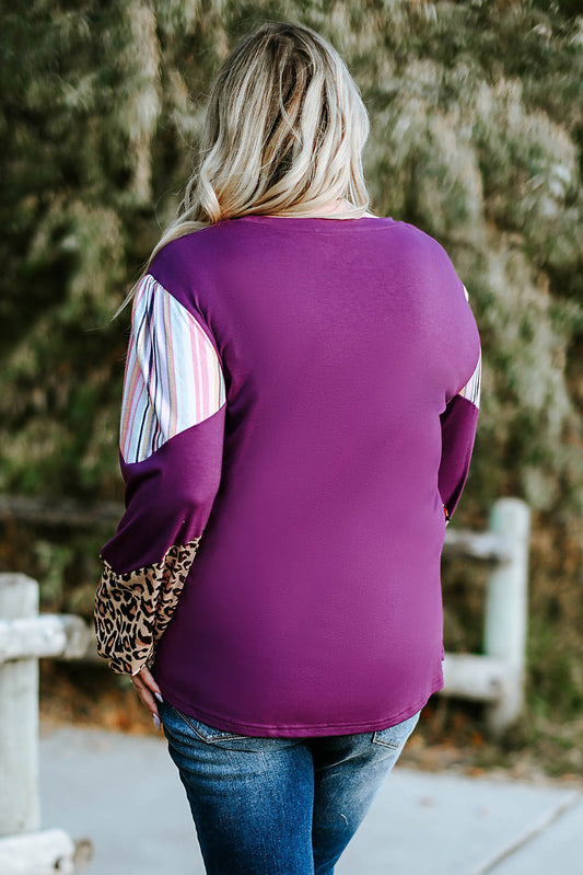 Leopard Striped Color Block Plus Size Top