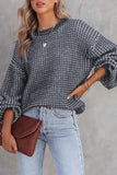 Blue Heathered Knit Drop Shoulder Puff Sleeve Sweater