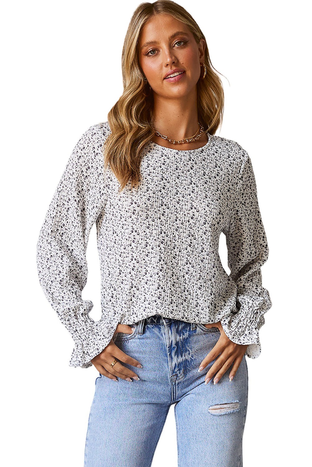 Blouse noire à manches bulles froissée à imprimé floral et à volants