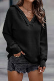 V Neck Ribbed Drop Shoulder Hooded Sweater