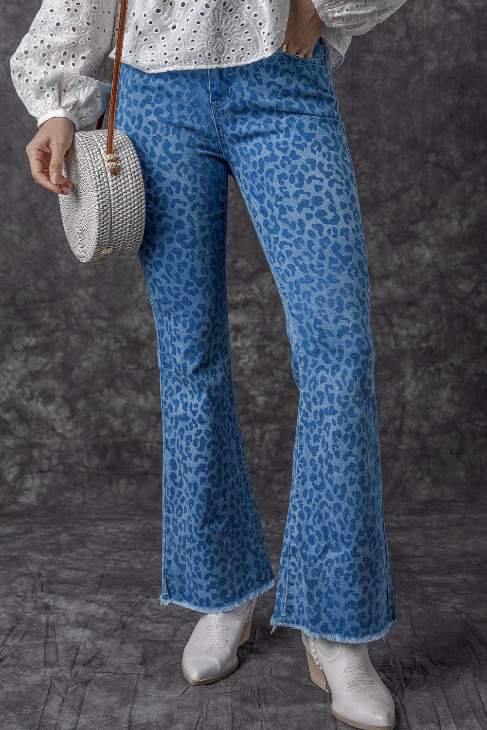 Sky Blue Leopard Print Raw Hem High Waist Flare Jeans