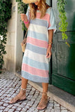 Striped Color Block Loose Fit 3/4 Sleeve Dress