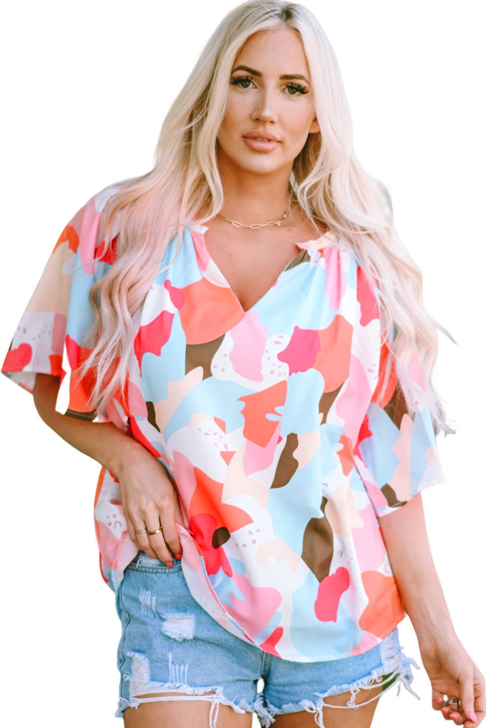 Floral Print V Neck Half Sleeve Blouse