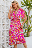 Tropical Leafy Print Drawstring V Neck Midi Dress