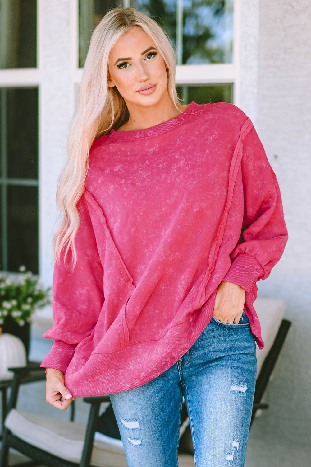 Acid Wash Relaxed Fit Seamed Pullover Sweatshirt with Slits