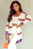 Striped Long Sleeve Ribbed Trim Button Cardigan