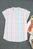 Multicolor Striped Pintuck Tiered Cap Sleeve Blouse