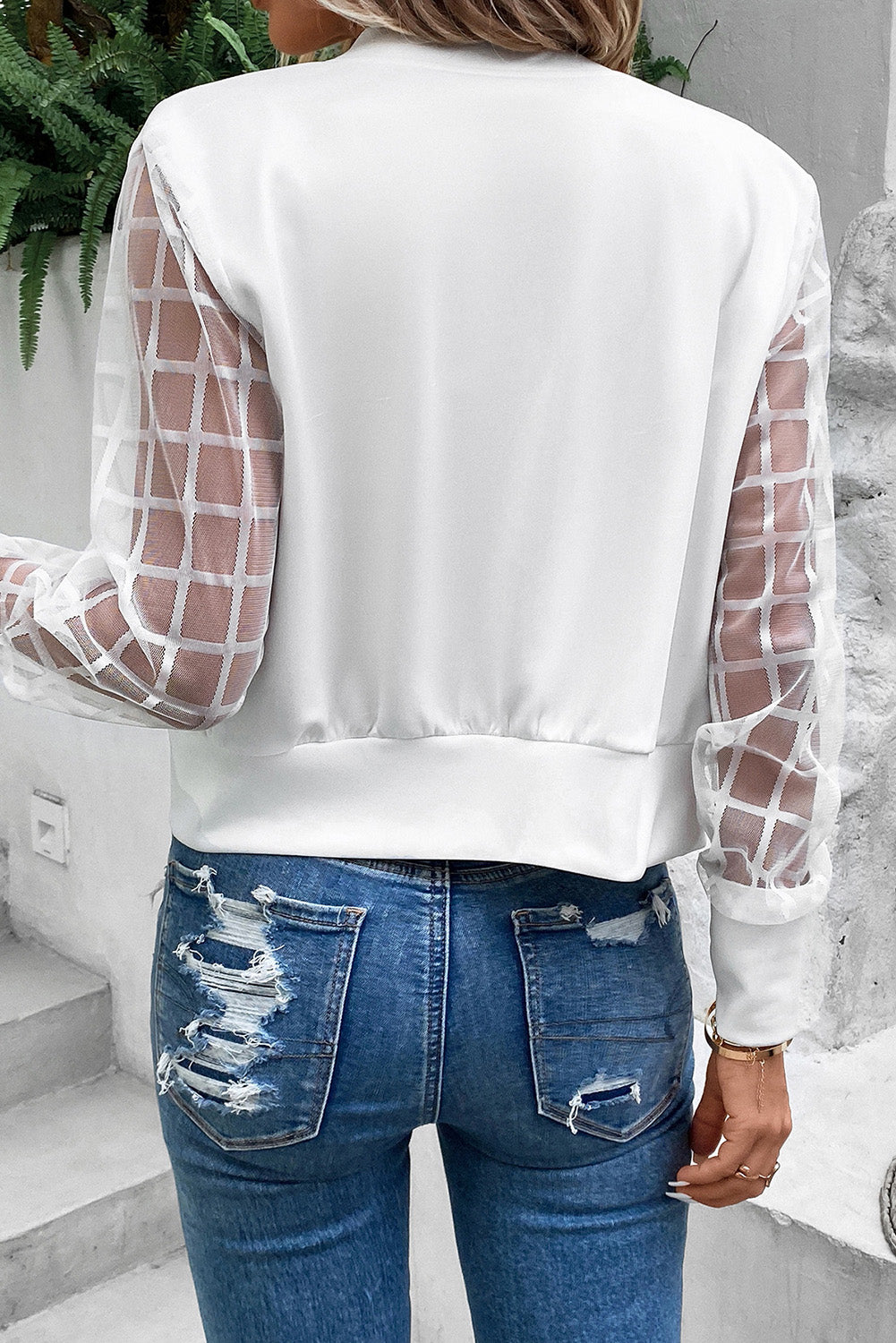 Latticed Mesh Sleeve Zip Up Bomber Jacket