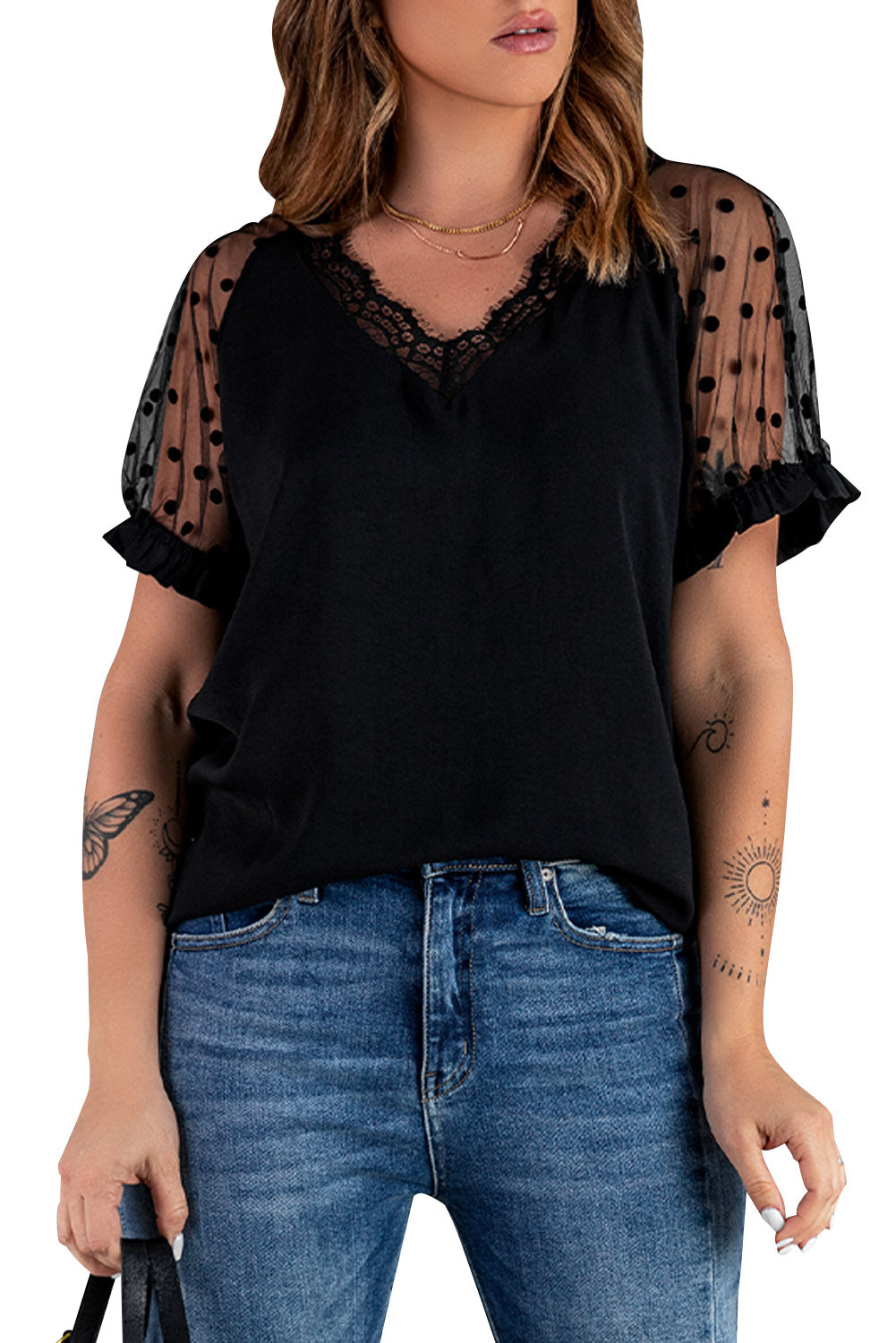 Polka Dot Mesh Patchwork Short Sleeve Blouse