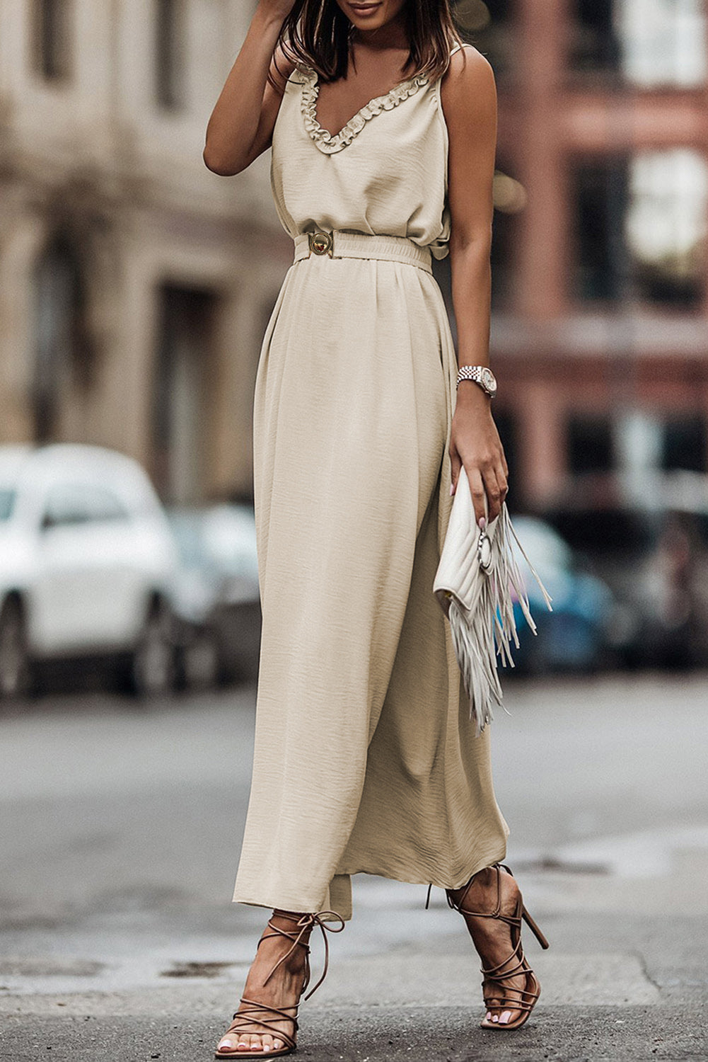 V Neck Sleeveless Maxi Dress with Elastic Belt