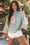 Clearly Aqua Plaid Floral Peace Heart Graphic Wide Long Sleeve Top